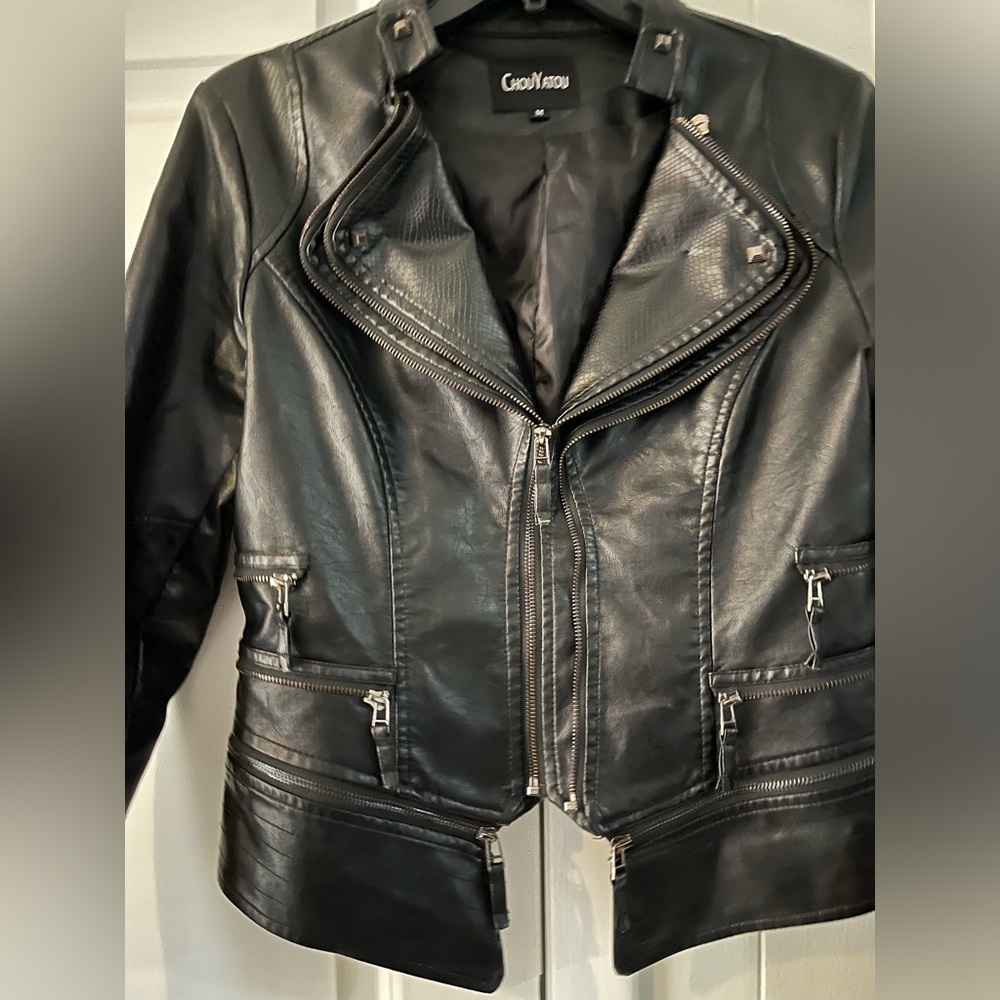 Women's Fashion Studded Perfectly Shaping Faux Leather Biker Jacket